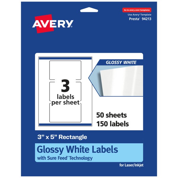 Avery Glossy White Rectangle Labels with Sure Feed, 3" x 5", 150 Glossy White Labels, Print-to-The-Edge, Permanent Label Adhesive, Laser/Inkjet Printable Labels