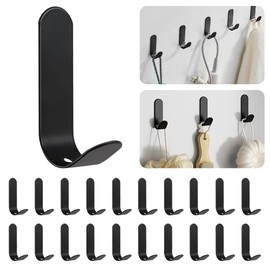 Mulaibdin 20 PCS Adhesive Wall Hooks, Metal Heavy Duty Hooks for Hanging, Sticky J-Shaped Shower Hook No Damage for Hat Coat Key Bathroom (Black)