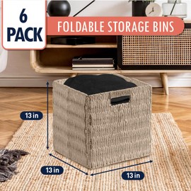 Ornavo Home Wicker Storage Cubes Bin, 13 x 13 Inch Storage Cubes Shelf Basket Collapsible Natural Hand Woven Paper Kallax Storage Cube Bin with Handles - Set of 6, Beige