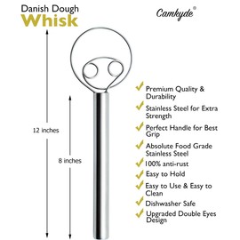 CAMKYDE Danish Dough Whisk 12-Inch Double Eyes Stainless Steel Dutch Dough Whisk