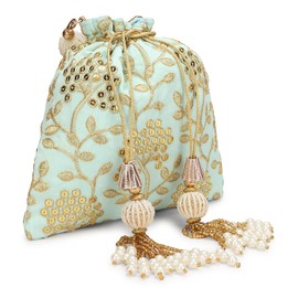LONGING TO BUY Indian Embroidered Pearl Potli Bag For Women, Sequence Design with Tassel, Wedding Potli Bags (SKY BLUE-2)