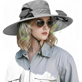 Solar Powered Fan Sun Hat, 2-in-1 UPF 50+ Wide Brim Sun Hat, 3-Speed Adjustable, 2600mAh Rechargeable, Fishing Essentials for Hiking Beach Summer Safari (Light Grey)