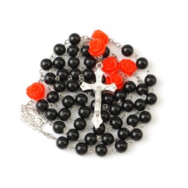 WHLHMK Rosary Beads Catholic for Women With Leather Rosary Pouch, Black Beads Rose Rosary Necklace with White Leather Pouch, Anglican Prayer Beads Christian Gifts for Women Catholic Gifts