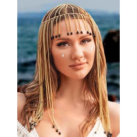 Sakytal Egyptian Gold Headpiece Tassel Beaded Long Flapper Head Chain Cleopatra Festival Hair Chain Accessories for Women and Girls