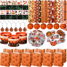 Aoriher 194 Pcs Basketball Party Favor Bulk Sport Birthday Party Gift Basketball Goodie Bag Filler Mini Basketball Ball Toy Silicone Bracelet Tattoo Sticker Slap Bracelet Keychain Button Pin