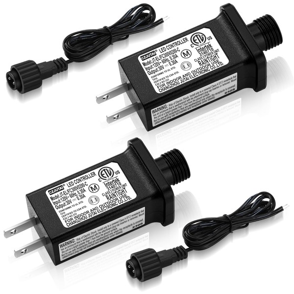 2 Pcs Class 2 Power Supply with 2 Extension Cord LED Transformer Replacement for Christmas String Lights LED Controller IP44 Waterproof Low Voltage Transformer (30V 9W 0.3A,8 Modes)