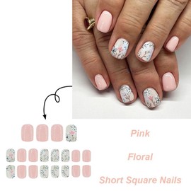 Spring Floral Press on Nails Short Square Shaped Fake Nails Glossy Pink Acrylic Nails with Cherry Blossoms Designs Full Cover Flower False Nails Stick on Nails for Women Nails Manicure Decor 24 Pcs