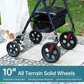 ELENKER All Terrain Rollator Walker for Seniors with 10” Wheels, Sponge Padded Seat and Backrest, Fully Adjustment Frame, Blue