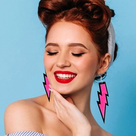 Long tiantian Neon Earrings Outfit for Women Lightning Bolt Earrings 80s Fancy Dress Costume Accessories Lace Headband Earrings Fishnet Gloves Necklace Bracelet for 80s Retro Party