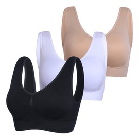 PRETTYWELL - Sujetadores de dormir para mujer, cómodo, sin costuras, elástico, sin costuras, paquete de 3 brasieres de yoga, con almohadillas para orejas extraíbles, Negro/ blanco/ piel, M