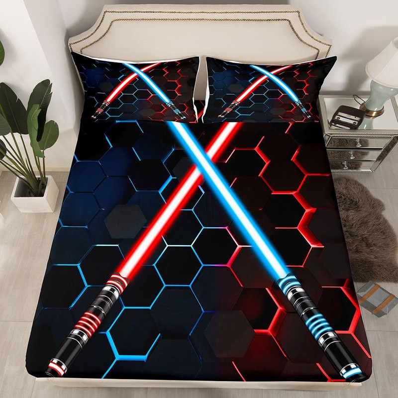 Neon Red Blue Light Up Sword Bed Sheets King Size