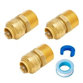 SUNGATOR 3/4 Inch MNPT x 1/2 Inch Pushfit Reducer Adapter, No Lead Brass Push-to-Connect Plumbing Fitting for PEX Pipe, Copper, CPVC, With 1 Disconnect Clip and 1 Sealing Tape, Pack of 3