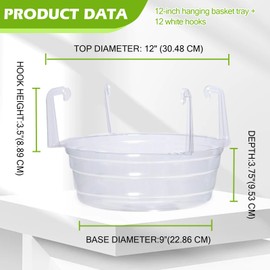 EVERDIJ 12Pcs 12 Inch Hanging Plant Water Catcher and 12Pcs White Hook Set Clear Hanging Basket Water Catcher Hanging Basket Drip Pan with Hooks for Indoor Outdoor Hanging Baskets Flower Pot