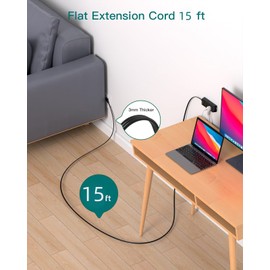 Flat Extension Cord 15 ft - Addtam Flat Plug Power Strip with 6 Outlets Extender, Long Extension Cord with Multiple Outlets, Wall Mount for Home Dorm Room Essentials, Black