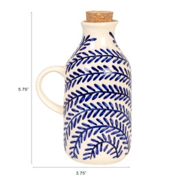 Creative Co-Op 8 oz. Hand-Painted Stoneware Oil Cruet with Design and Cork Stopper, Cream Color and Blue