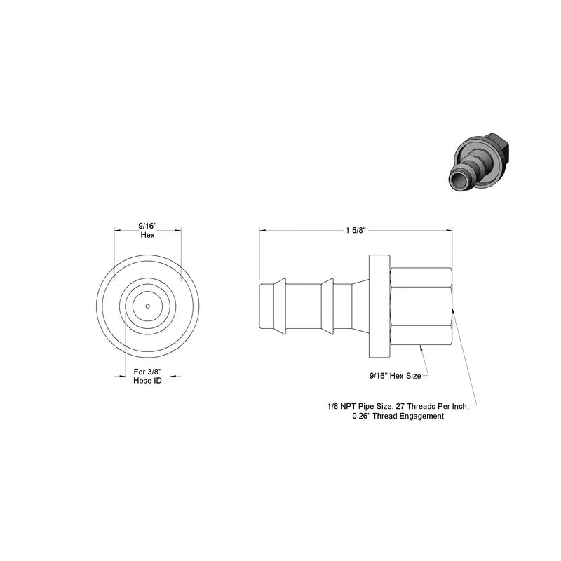 Stainless Steel Push-on Barbed Hose Fitting 3/8" Hose ID, 1/8