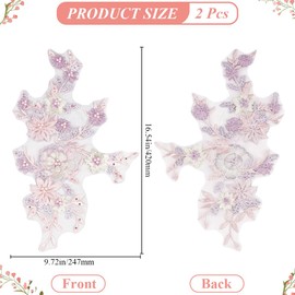 CABODYALS 2Pcs 3D Floral Sequin Applique Pearl Beaded Embroidered Lace Appliques Pink Polyester Embroidery Lace Flower Sew on Tulle Patches for Sewing Making Dresses Clothes Gown Costumes DIY Supply