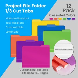 Better Office Products Heavyweight Poly File Folders, 1/3 Cut Tabs, 12 Pack, Assorted Colors, Letter Size, with Adhesive Labels,