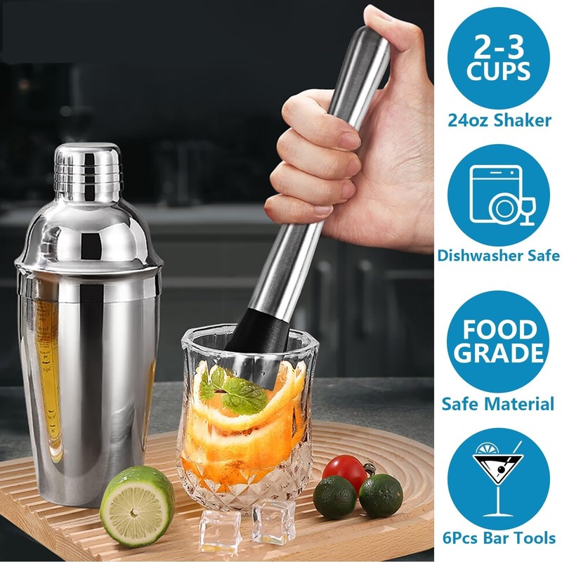 6-Piece Cocktail Shaker Set 24oz Shaker Strainer Muddler Jigger Mixing