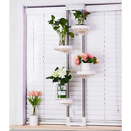 BAOYOUNI Indoor Window Plant Stand Metal Double Pole Storage Shelf Flower Pot Display Rack Holder Planter Extention Rods Home Decor with 4 Adjustable Trays - Ivory
