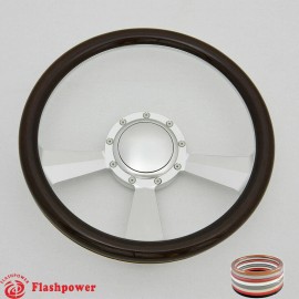 FLASHPOWER 14" Billet Steering Wheel Wood Half Wrap Ford Scrambler Impala Chevy W/Horn
