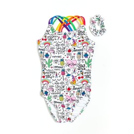 Destira Unicorn Doodles Strappy Gymnastics Leotard for Girls, White with Sayings and Designs, Soft Comfortable Fabric Athletic Wear, Child Small (6x)