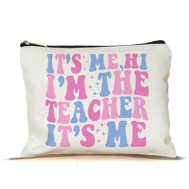 NMPCreativeStore It's Me Hi I'm The Teacher It's Me Makeup Bag - New Teacher Gift - Teacher Appreciation Gift - Makeup Bag Gifts For Women On Birthday- Christmas- Holiday, 7”x9.8”, White