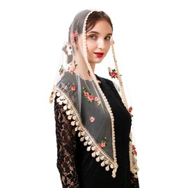PAMOR Triangle Little Flower Chapel Veils Embroidered Scarf Shawl Latin Mass Head Covering Mantilla Veil for Church (Champagne Rose)