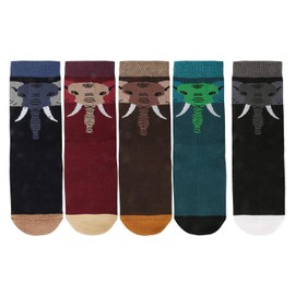 Mens Crew Socks Crazy Funny Novelty Patterned Dress Socks Funky Fun Cool Colorful Printed Design Cotton Calf High Socks Boys (5 Pack-Wild Elephant)