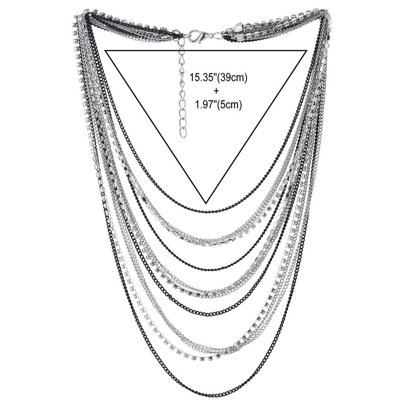 Black Silver Waterfall Multi-Strand Chains Statement Collar Necklace with Rhinestones
