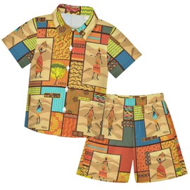 visesunny Toddler Boys 2 Piece Outfit Button Down Shirt and Short Sets African Girl Dressed in A Decorative Texture Boy Summer Outfits for Infant Baby Children Kids 3T