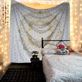 Indian Psychedelic Mandala Tapestry by raajsee - Metallic Gold White, Elephant Boho Wall Cloth, Hippie, Golden Boho Indian White Wall Hanging Cloth, Large Indian Cotton Bohemian Wall Cloth