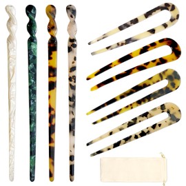 8 Pcs Acetate Hair Sticks, Vintage Chinese Hair Stick and U-Shaped Hair Pins, Multicolor Hair Chopsticks with Storage Bag Tortoise Hair Clip Fork French Twist Pin Hair Accessories for Women
