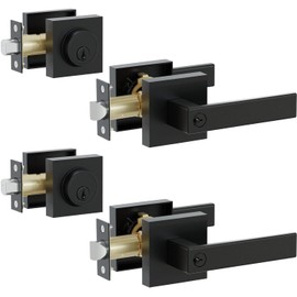 2 Pack Keyed Entry Door Handle and Single Cylinder Deadbolt Combo,Hidalife Keyed Alike Heavy Duty Square Door Lock Set for Office and Home Security, Reversible for Right and Left Side, Matte Black