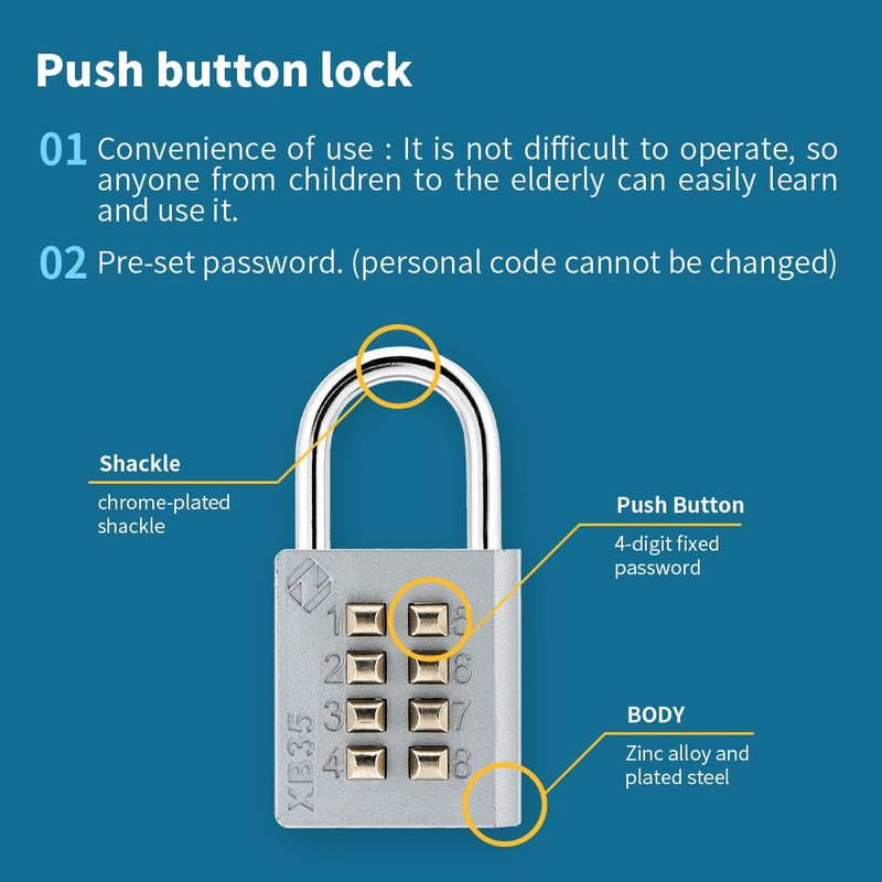 Zarker XB35 8-Digit Push Button Combination Padlock, 4 Digit Locking