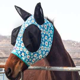 Horzmetnex Stretchy Horse Fly Mask with Ears，Extra-Large Eyes & Mane Opening – Soft, Breathable Fly Mask for Horses, Tangle-Free Design, Enhanced Visibility (Blue Flower, Cob (Medium))