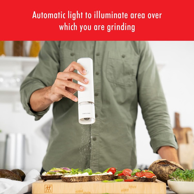 ZWILLING Enfinigy Motorized Electric Salt/Pepper Mill - LED Lighted, White