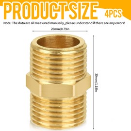 4 Pcs 1/2" Male to 1/2" Males, Thread Brass Hex Nipple Connector Pipe Fittings Straight Pipe Hex Fitting Males Thread Connector Male for Pipe Connecting Conversion
