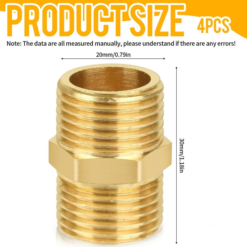 4 Pcs 1/2" Male to 1/2" Males, Thread Brass Hex