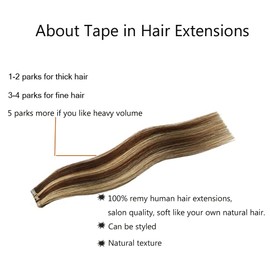 Tape in Hair Extensions Human Hair, Tape in Hair Extensions Real Human Hair, Ombre Balayage Chocolate Brown to Caramel Brown Highlighted 18Inch 30g Silky Straight Glue in Extensions