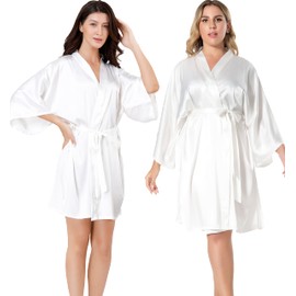 EPLAZA Women Silky Satin Robe Wedding Bridal Party Bride Bridesmaid Robes Kimono Loungewear Dressing Gowns (White, Tag LXL)