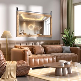 Hasipu Farmhouse Bathroom Mirror, 40"x26" Rustic Wood Framed Wall Mounted Mirror, Brown Vintage Vanity Mirror Barn Door Style Decrative Mirrors