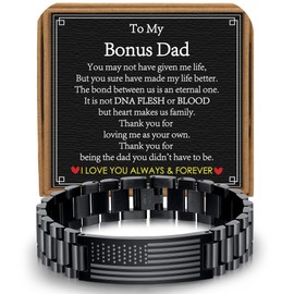 VULETO Bonus Dad Gifts, Stainless Steel American Link Bracelet Father's Day Christmas Jewelry Gifts for Best Bnous Dad from Daughter Son