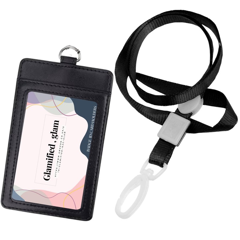 Glamified Leather Badge Holder and Adjustable Retractable Lanyard (Black), Quick