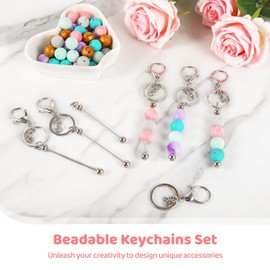 Homaisson 108 Pcs Beadable Keychains Set, Includes 12 Metal Keychain Bars, 36 Crystal Spacer Beads, and 60 Silicone Beads, Keychain Making Kit, DIY Crafting Accessories Set