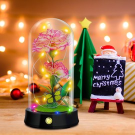 QUELIEN Carnation Flowers Gifts for her,Mothers Day Flowers Gifts for Mom,Pink Artificial Carnation in Glass Dome with Led Light for Mother's Day,Valentine's Day,Birthday,Christmas