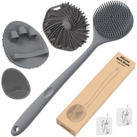 Manmihealth Silicone Back Scrubber & Soft Bath Glove Set 4 PCS(Thin Bristles), Super-Exfoliating Body Scrubber & Super-Lathering Shower Brush Combination, with 2 Free Hooks (Gray)