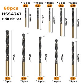 CYLBAQ 60PCS HSS Drill Bit Set, 1mm-6mm High Speed Steel Drill Bits for Metal, Wood, Steel, Alloy, Iron, Copper, Plastic, High Speed Steel 4341 Gold Titanium and Black Nitride drill bits sets mixed