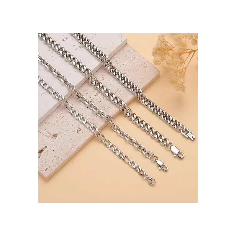 8Pcs Chain Bracelet Stainless Steel Curb Width Rope Figaro Cuban