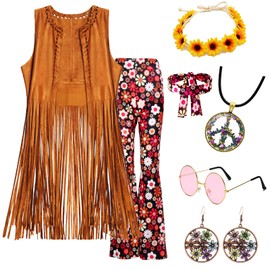 YADODO 60er 70er Jahre Hippie Kostüm Damen Set mit Fransenweste Schlaghose Damen 70er Hippie Accessoires Hippie Kleidung Damen Kostüm 70er Jahre Bekleidung Damen Disco Outfit Faschingskostüm Mädchen (S)